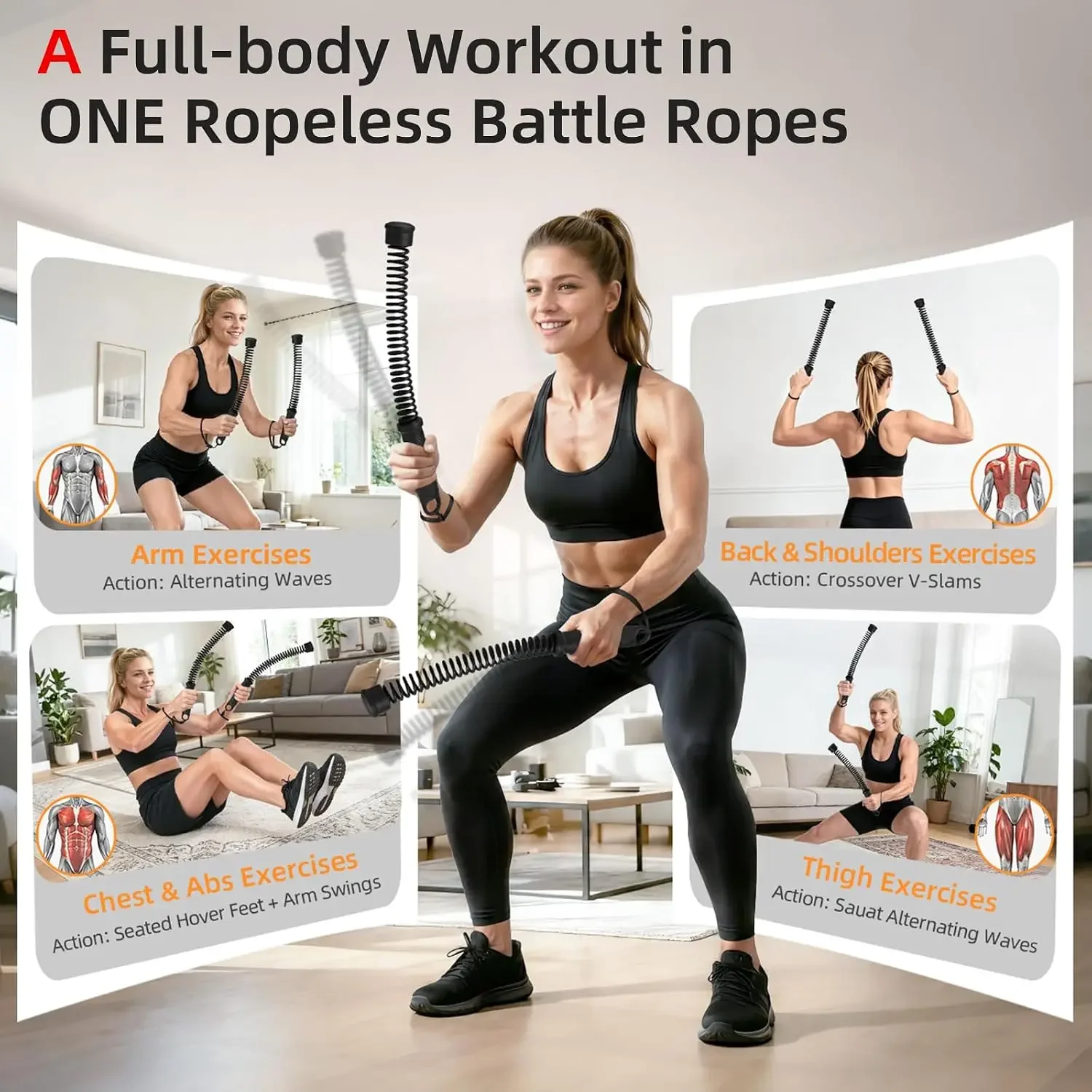 New Upgrade Quiet Weighted Cordless Battle Ropes, Portable Ropeless Fitness Rope for Home Gym, Men Women Indoor Outdoor Workouts