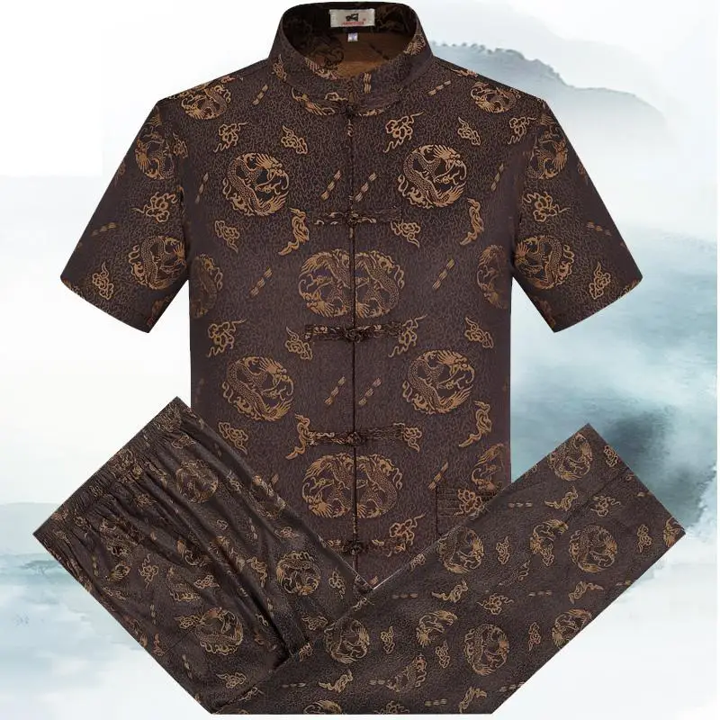 Male Chinese Stand-up Collar Hanfu Casual Men Kung Fu Clothing Traditional Embroidery Tang Suit Short-sleeved Shirt And Pants