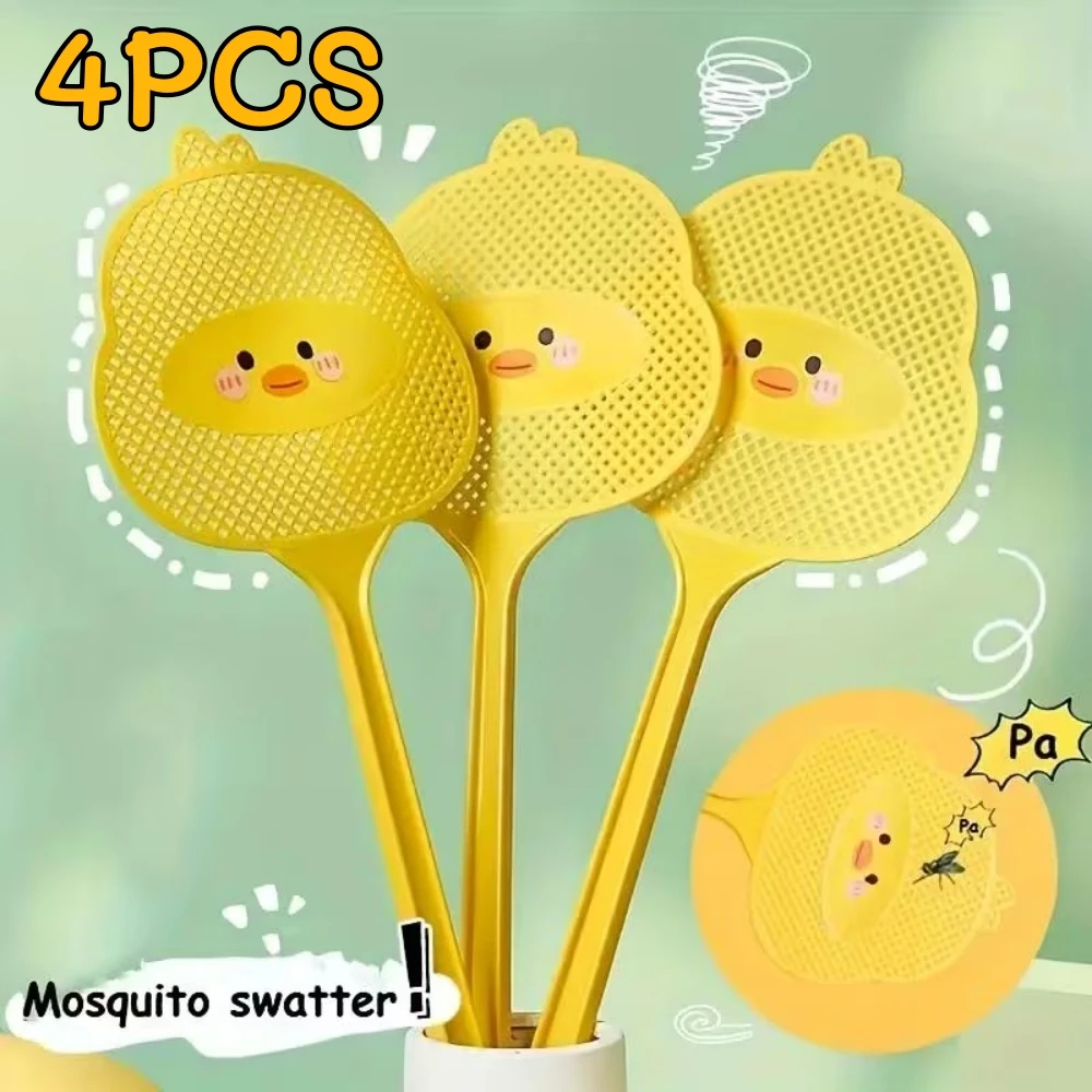 4-Piece Set of Fly Swatters with Cute Little Yellow Duck Design, Extended Non-Slip Handle, Comfortable and Easy Grip, Fine Mesh Design, Precise and Powerful, Effectively Eliminates Flies, Mosquitoes, and Moths