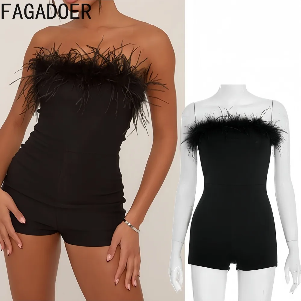 

FAGADOER Sexy Fur Patchwork Bodycon Rompers Women Solid Color Sleeveless Backless Jumpsuits Female Streetwear Overalls 2025 New