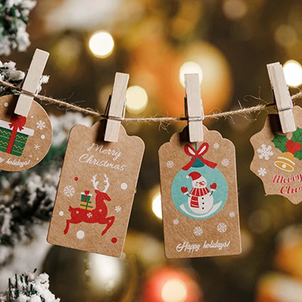 50Pcs Christmas Tags Labels Kraft Paper Merry Christmas Letter Santa Claus Gift Card Tag Xmas Tree Shape New Year Present Decor