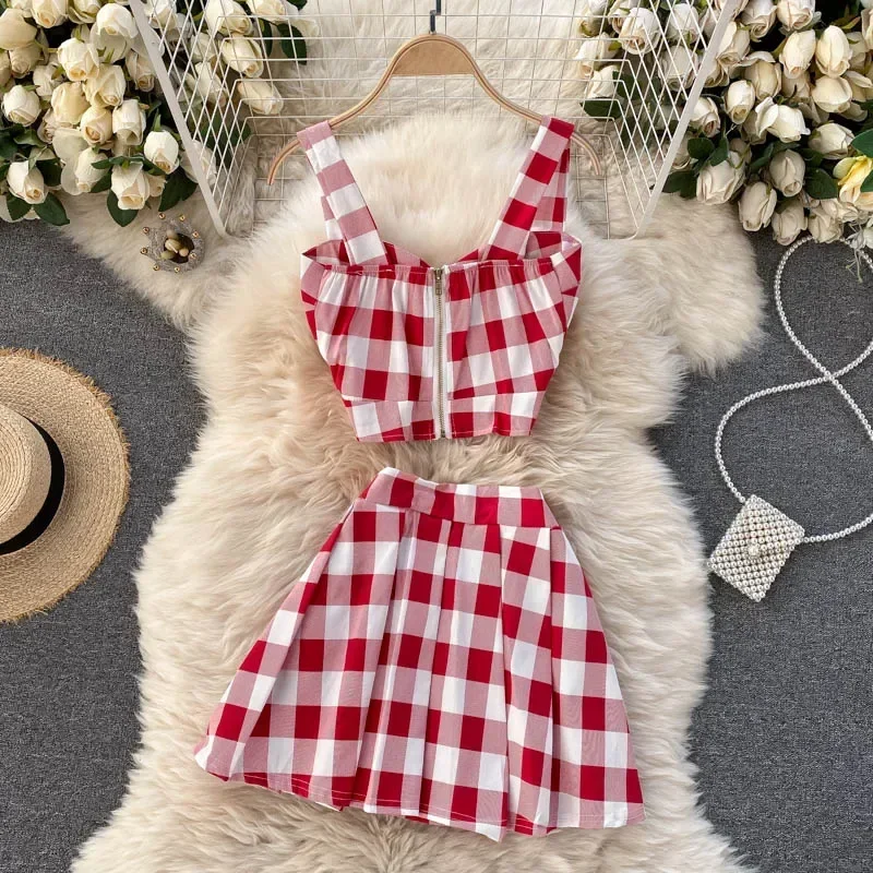 

Women's Summer Suit Korean College Style V-neck Short Suspender Top + High Waist Skirt Two-piece New Casual Female Sets LH601