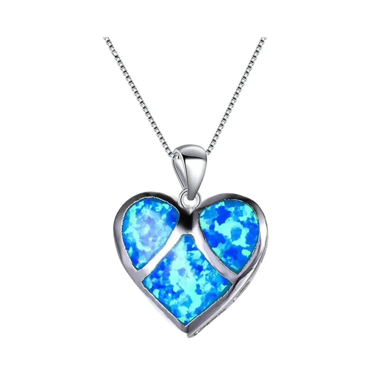Iridescent Tri-Stone Heart Pendant,Three Stone Symbol of Eternal Love,Blue Green Created Opal Necklace, Minimalist Gift for Her