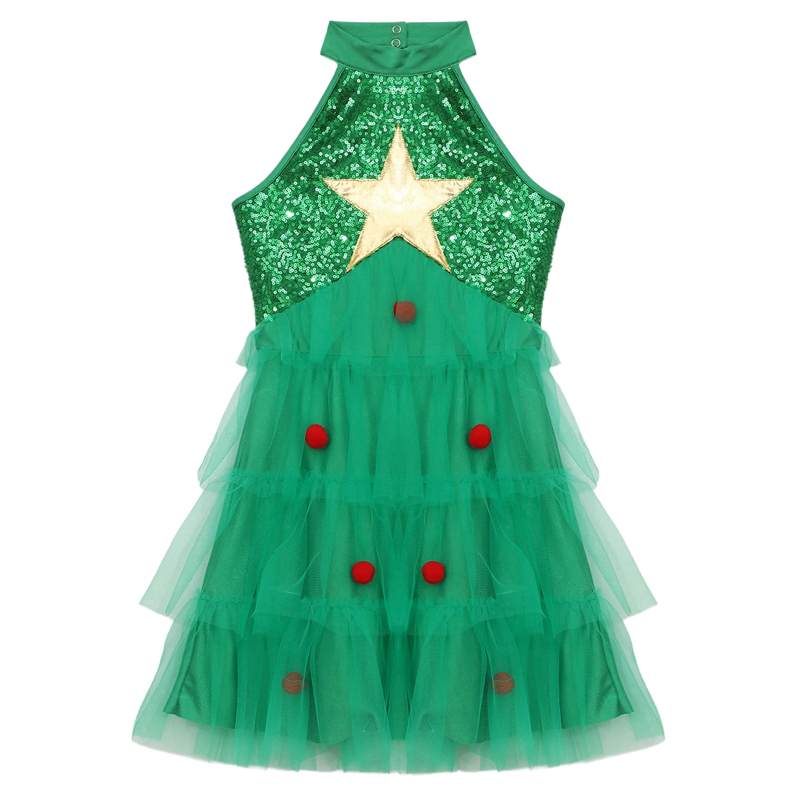 Girls Christmas Tree Dress Halter Neck Sequins Pompom Mesh Tiered Tutu Dance Dress Carnival New Year Xmas Party Costume