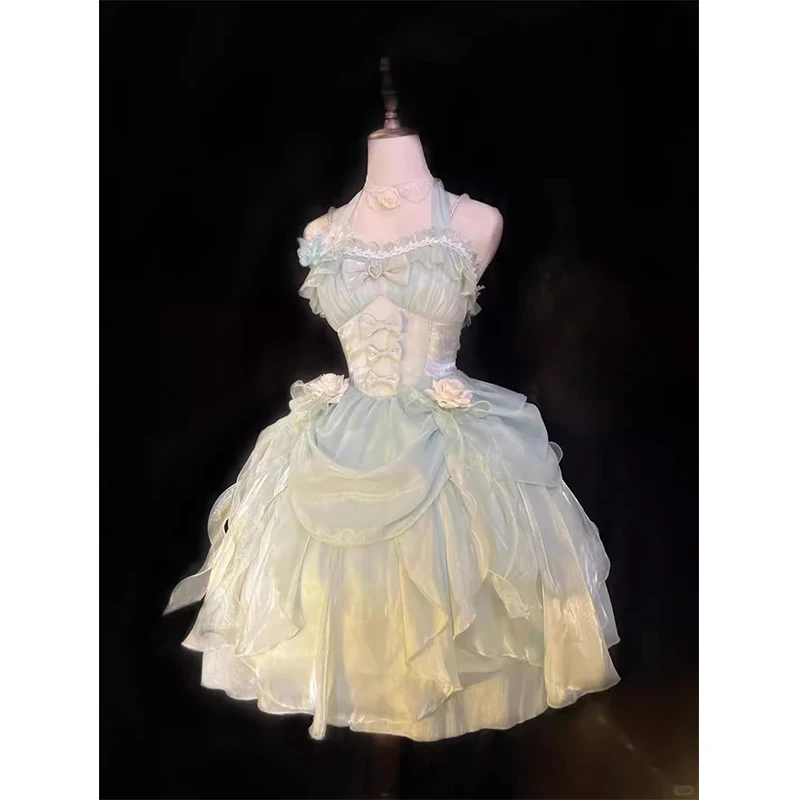 日本オリジナル ロリータ エレガント レディ グリーン JSK ホルタードレス プリンセス風 リボン付き スイート キュート パフドレス