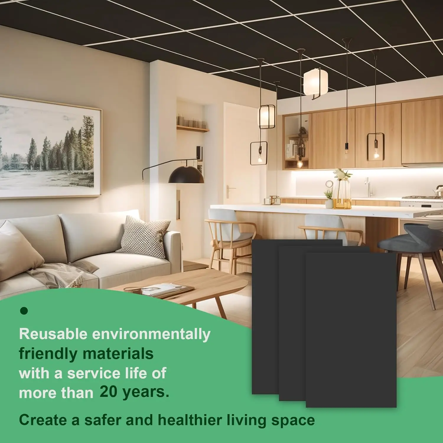 بلاط سقف على شكل قطرة سوداء ناعمة بطول 2 قدم × 4 أقدام، لوحة سقف PVC مقاس 24 × 48 بوصة - مقاومة للماء وقابلة للغسل ومعدلة للحريق - PVC عالي الجودة #2