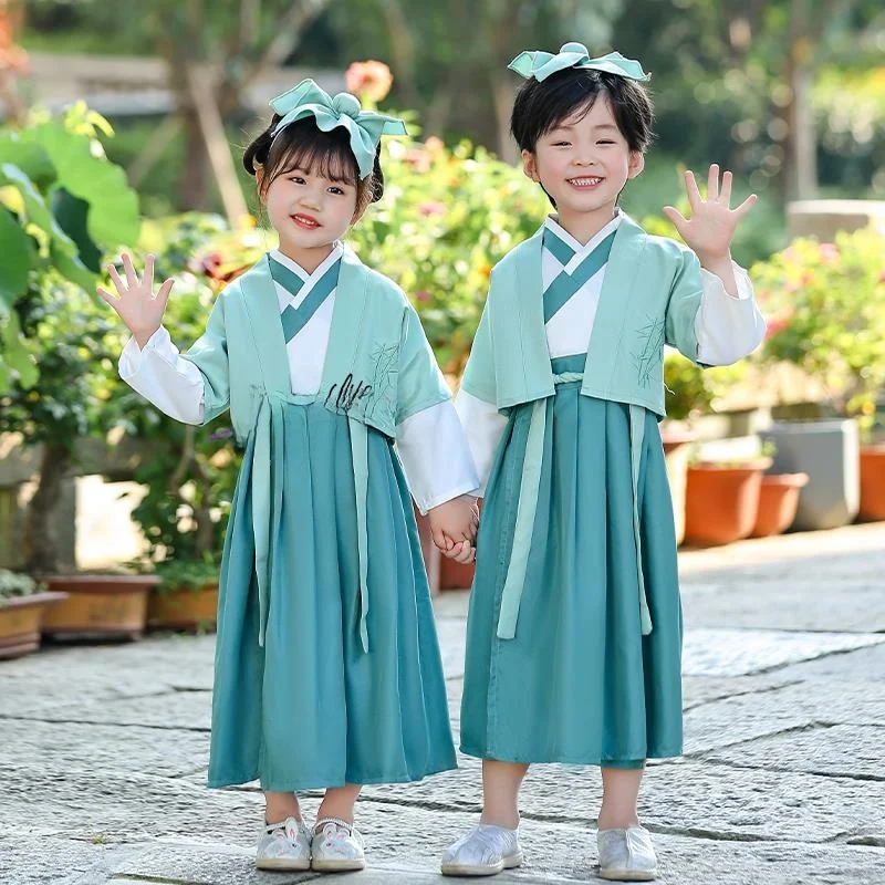 Dziecięce tradycyjne chińskie stroje, narodowe stroje edukacyjne, klasyczne Hanfu z motywem znaków, na ceremonię otwarcia szkoły, recital.