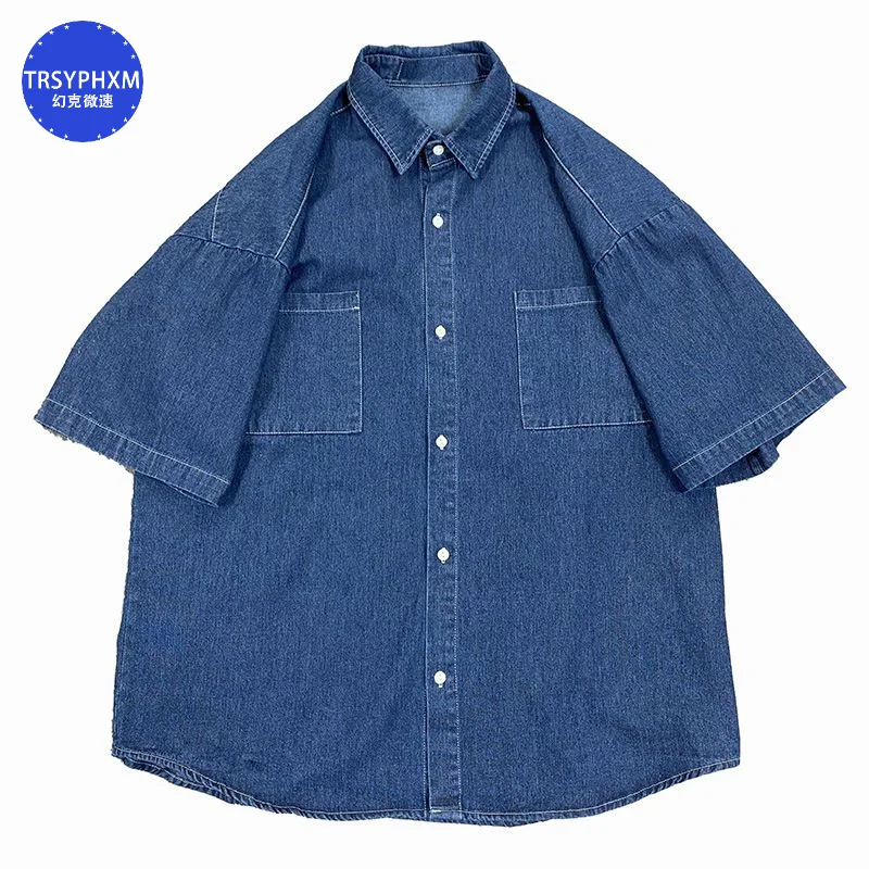 

TRSYPHXM 2024 summer new 5-point short sleeved denim men's shirt Korean version couple loose half sleeved sky blue shirt for men