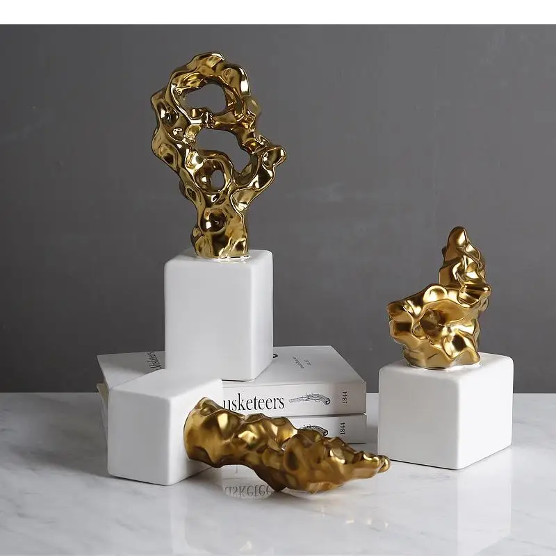 Simplicity Golden Twisted Abstract Ceramic White Base Irregular Decorations Living Room Desk Hotel Home Decoration Ornaments