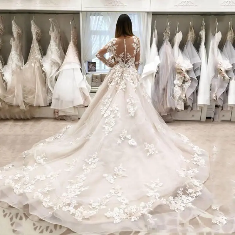 Vestidos De novia personalizados De lujo con Apliques De encaje, vestidos De novia De manga larga florales 3D De línea A para mujer, Vestido De YAW80 2024