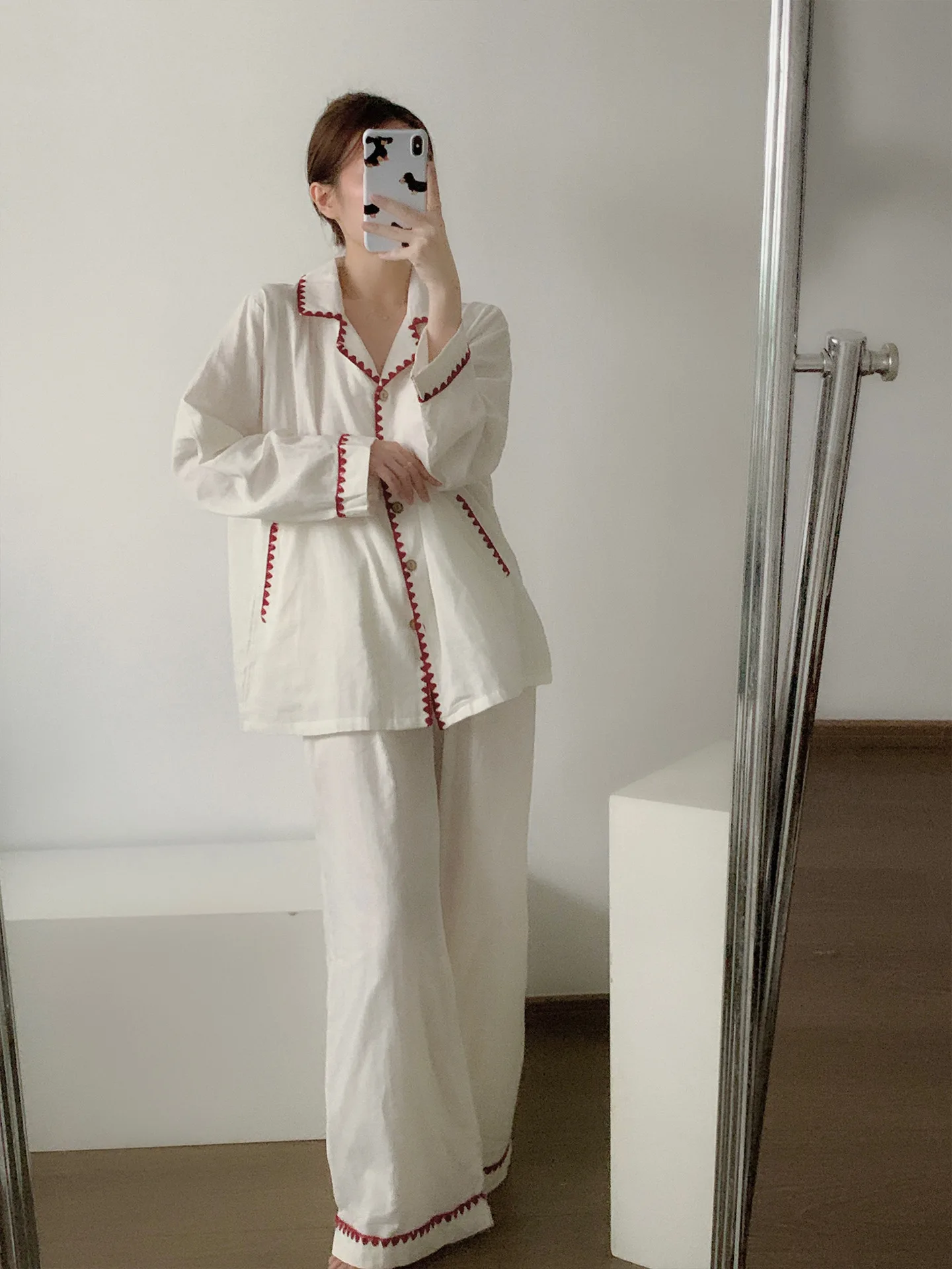 

Сексуальный пижамный комплект, корейская версия, простая пижама контрастного цвета с длинными рукавами для женщин, весенне-осенний домашний костюм больших размеров