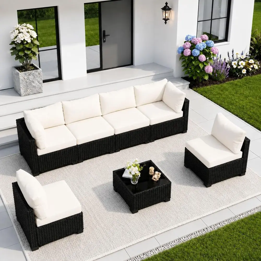 

Blue 7-Piece Outdoor Sectional Patio Furniture Set with Coffee Table and Cushions