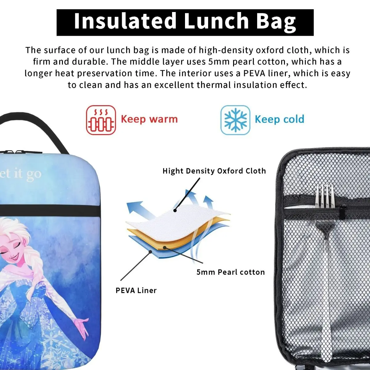 المجمدة إلسا الأميرة الكرتون معزول حقيبة الغداء دعها الذهاب تخزين عبوة طعام قابلة لإعادة الاستخدام برودة صناديق الغداء الحرارية للسفر