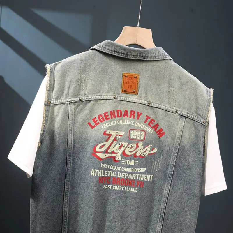 2024 Sommer gedruckt American Washed Denim Weste Mann lose Rüschen schöne Distressed ärmellose lässige Retro nostalgischen Mantel