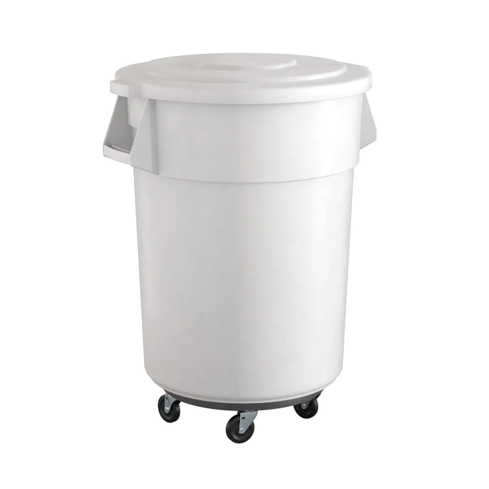 

Large White 55 Gallon Round Commercial Waste Bin with Lid and Wheeled Base