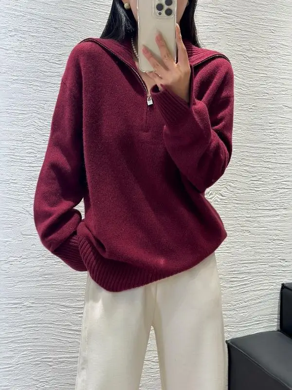 

Lazy wind in autumn and winter high-end semi-zipper soft waxy skin-friendly lapel cashmere loose women's sweater