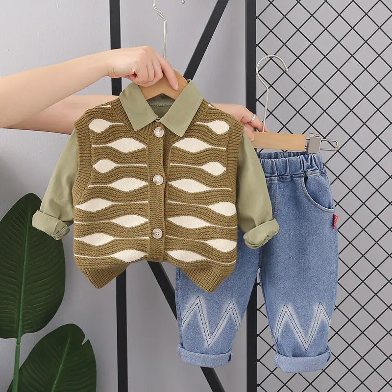 

New Children Fashion Kids Boy Gentleman Wave Sweater Vest Shirt Pants 3Pcs/Set Kids Infant Clothing Toddler Tracksuit 0-5 Years