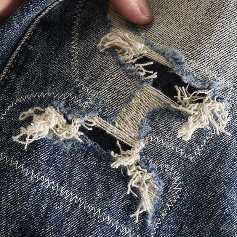 

Street Designer Fashion Men Jeans Retro Blue Stretch Slim Fit Hole Patched Ripped Jeans Men Y2K Hip Hop Vintage Denim Pants