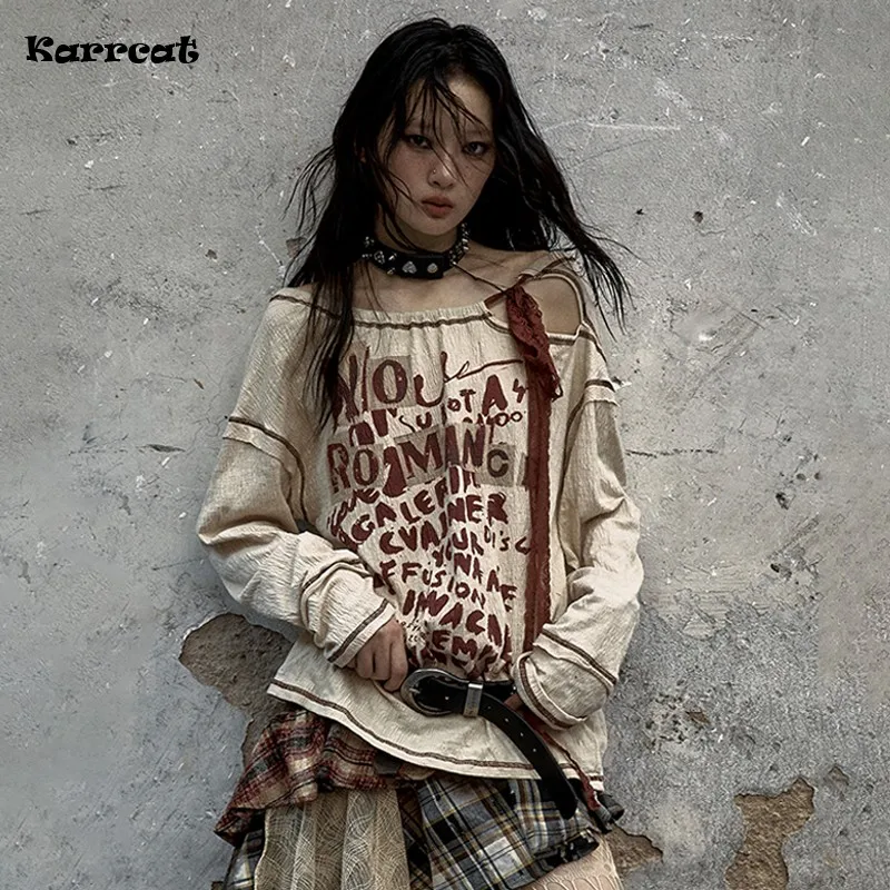 Karrcat Grunge Aesthetics Letter Print Knitted Tops Vintage Gothic Long Sleeve T-shirt Wasteland Punk Distressed Tops Trashy Y2k