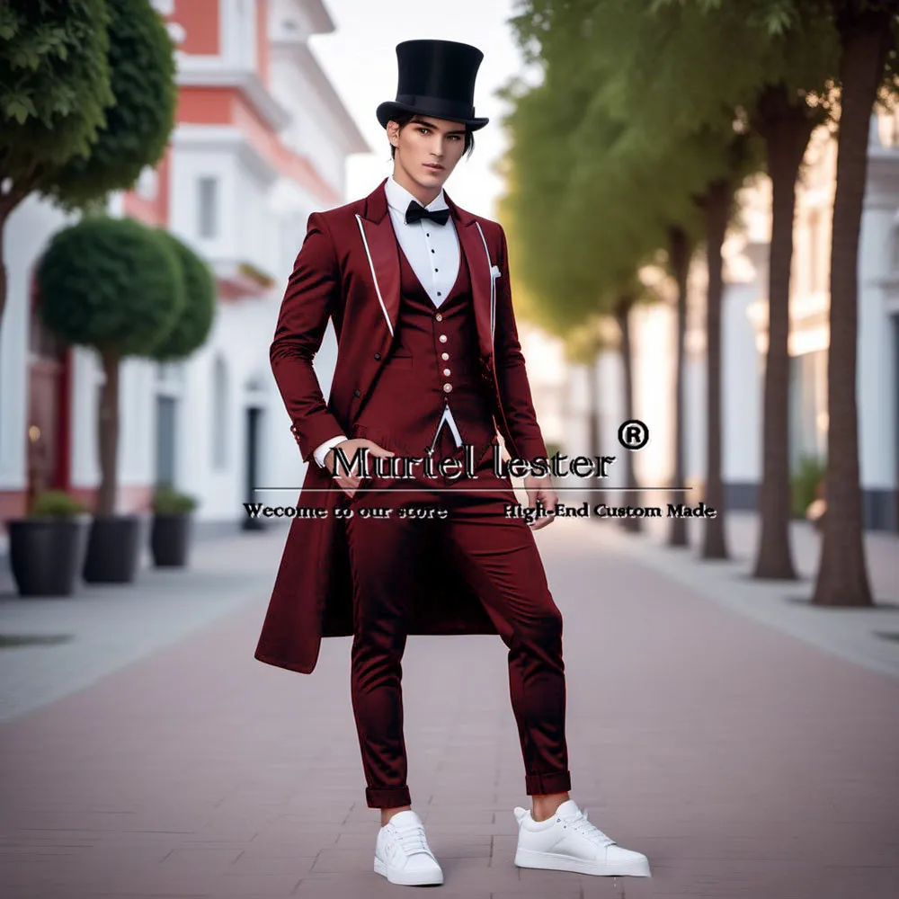 

Burgundy Wedding Suits Long Bespoke Single Breasted Prom Blazer With White Lapel Jacket Vest Pants 3 Pieces Bridegroom Tuxedo