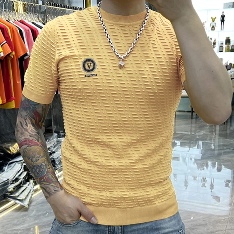 2023 Summer New Fashion Brand Slim Fit Elastic Personalized Jacquard Versatile Ice Silk Short Sleeve T-shirt Thin Knitted Shirt