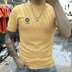 2023 Summer New Fashion Brand Slim Fit Elastic Personalized Jacquard Versatile Ice Silk Short Sleeve T-shirt Thin Knitted Shirt