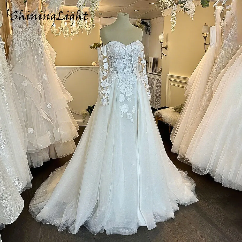 

ShiningLight Sweetheart A-Line Wedding Dresses Long Sleeve Appliques Lace Country Bridal Gowns vestidos de novia Customized