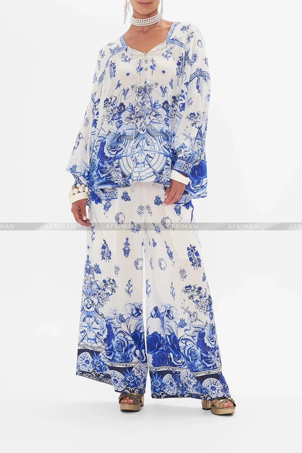 Women Heavy Beaded Blue and White Porcelain Printing Silk Blouse Top+ Wide Leg Pants Set