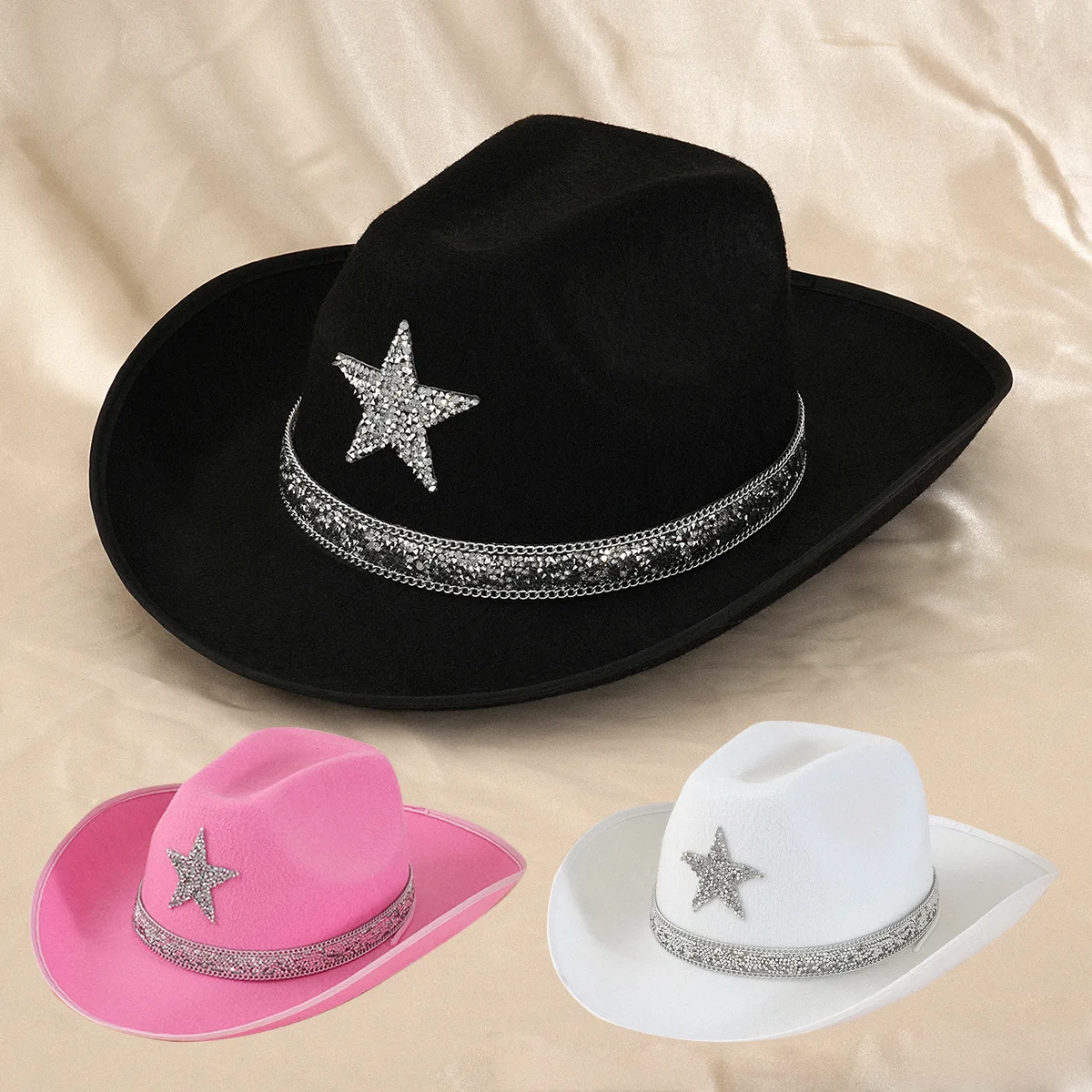 

HongLuan Black Felt Top Hats, Fedora Cowboy Hat Woman, Felt Fascinators Hats Rhinestone Woman, Flat Wide Brim Party Caps for man
