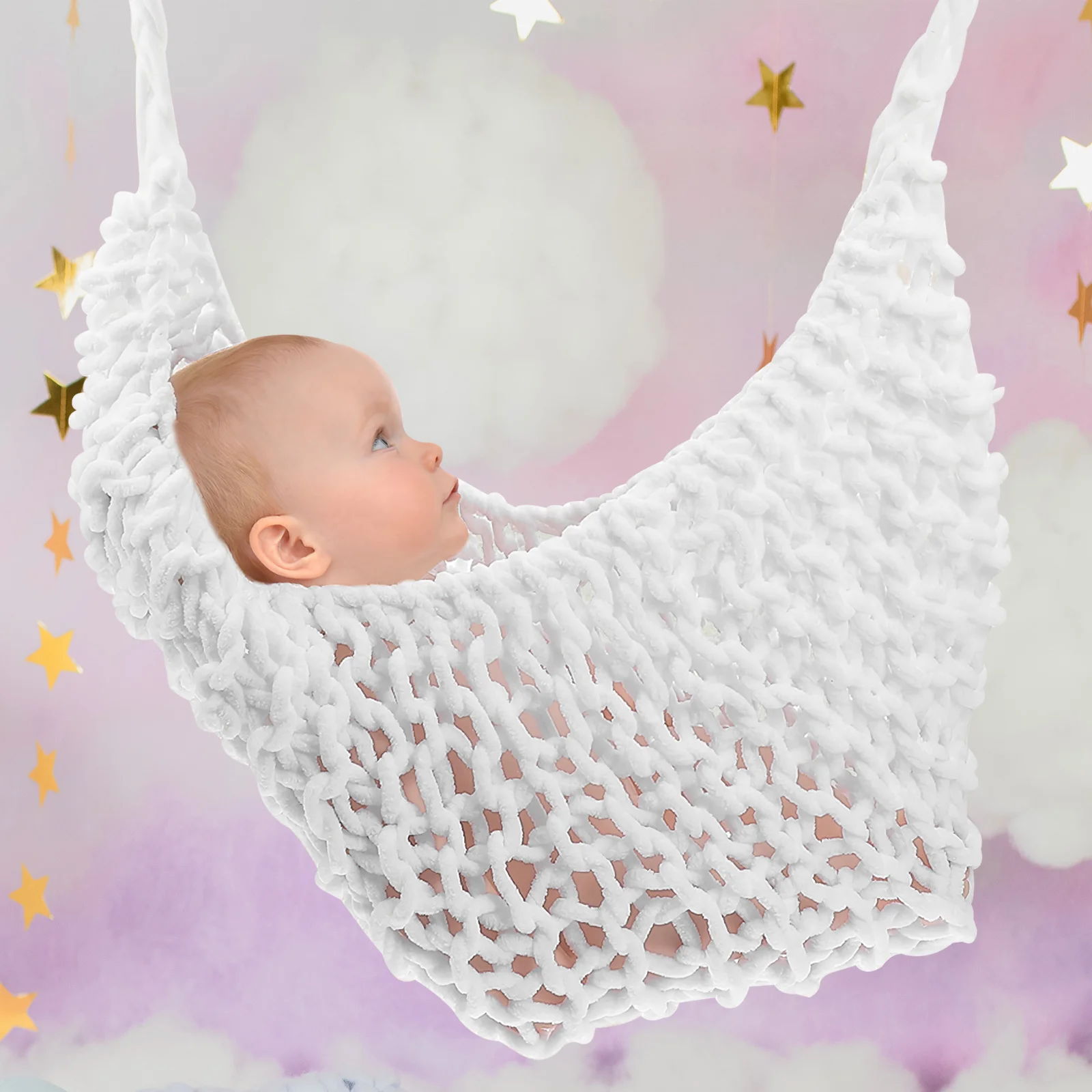 

Newborn Infant Handmade Crochet Bed White Knitting Wool Baby Hammock Photography Prop for 0-12 Months Photo Props