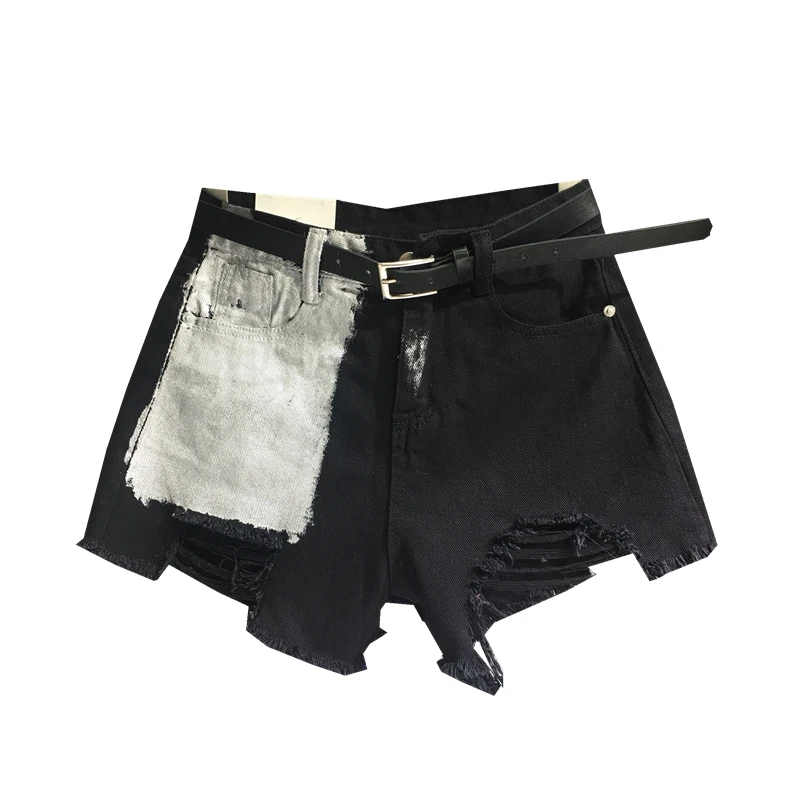 

2025 Summer New Korean Version Pocket Spray Paint Denim Shorts Women Loose and Thin Ripped Rough Edge Wide Leg Shorts Hot Pants