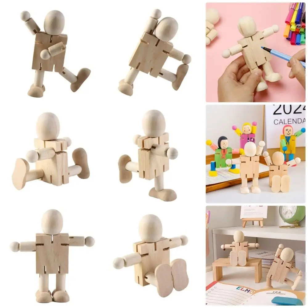 1/3Pcs Photography Prop Wooden Robot Doll Jointed Ornament DIY Handicraft Figure Toy White Blank Paint Drawing Craft