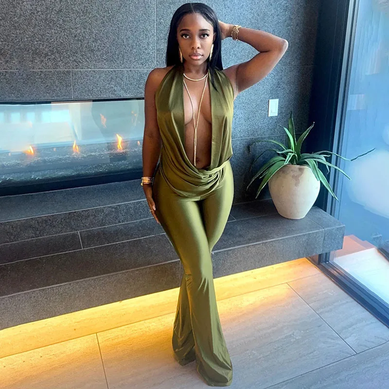 

Sexy Halter Deep V-neck Backless One Piece Jumpsuit Women Sleeveless Lace-up Ruched Night Club Outfits Party Birthday Rompers