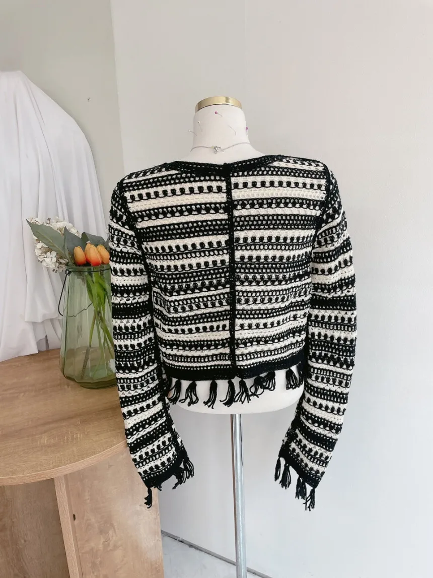 Fringed Striped Crochet Top Long Sleeve Button Front Tassel Open-knit Crop Cardigan Sweater Jacket Women Teengirl Vintage Outfit