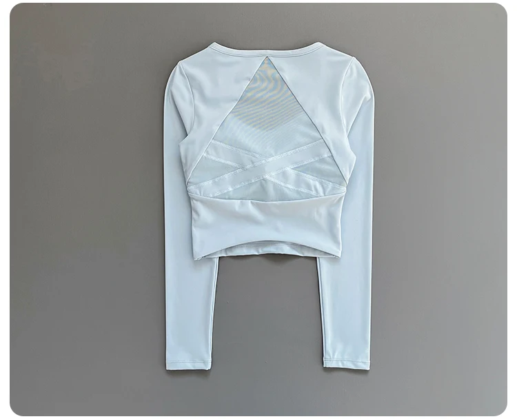 Women Deep V Mesh Back Cutout Crop Long Sleeve Yoga Top Slim Quick Dry Breathable Running Fitness Sports Tee