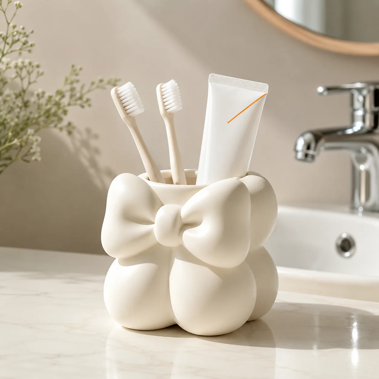 Porte-brosse à dents en céramique avec nœud mignon, tasse de salle de bain, organiseur de pinceaux de maquillage et de stylos, rangement de vanité crème pour femmes, décoration de bureau
