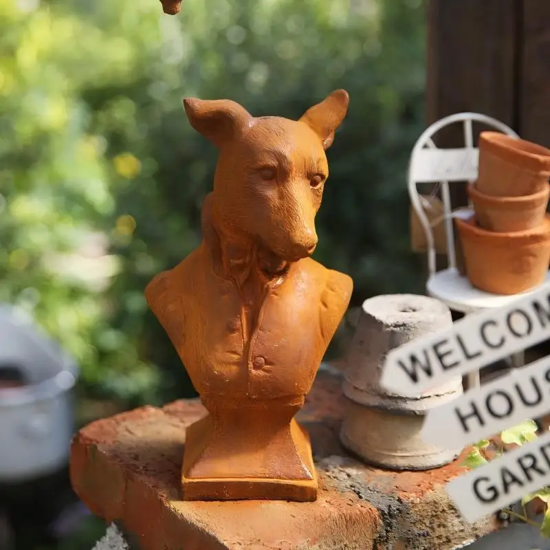 Cast Iron Victorian Gentleman Animal Bust, Rabbit & Dog Sculpture, Vintage Cottage Garden Decor, Rustic Shelf Ornament