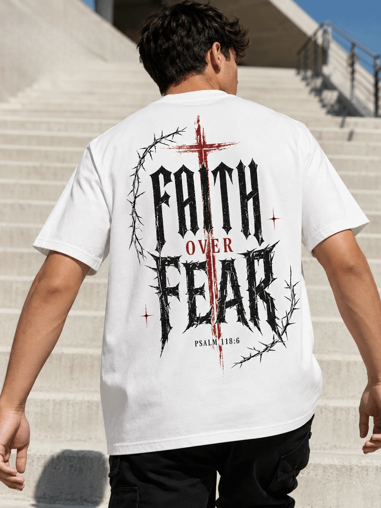 Men's Faith Over Fear Gothic Cross Graphic T-Shirt, 100% Cotton Crew Neck Short Sleeve Christian Streetwear Tee
