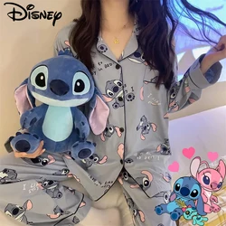 Disney Stitch Pajamas Women Fashion Long-sleeved Trousers Turn Down Collar Shirt Nightwear Ladies Cartoon Home Sleepwear Cute