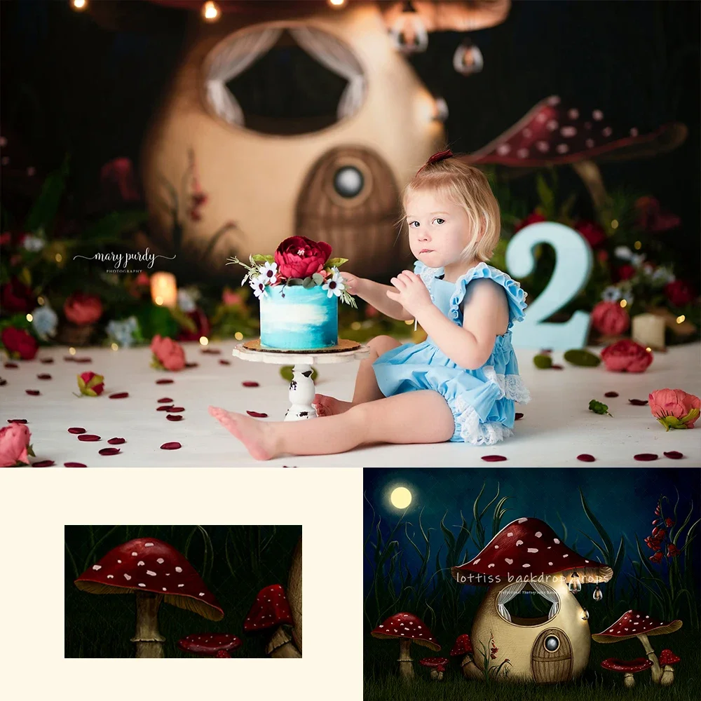 

Fairies Mushroom House Backdrop Kids Adult Photocall Birthday Cake Smash Props Baby Child Photography Background