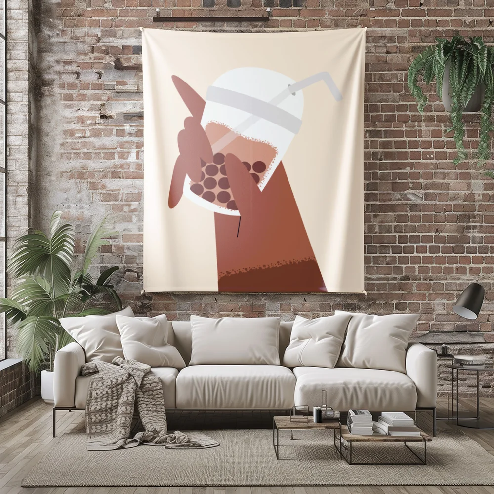 Hand Holding Bubble Tea Cup Wall Tapestry Machine Washable All Season Decor Print Modern Art Design Home Durable materials