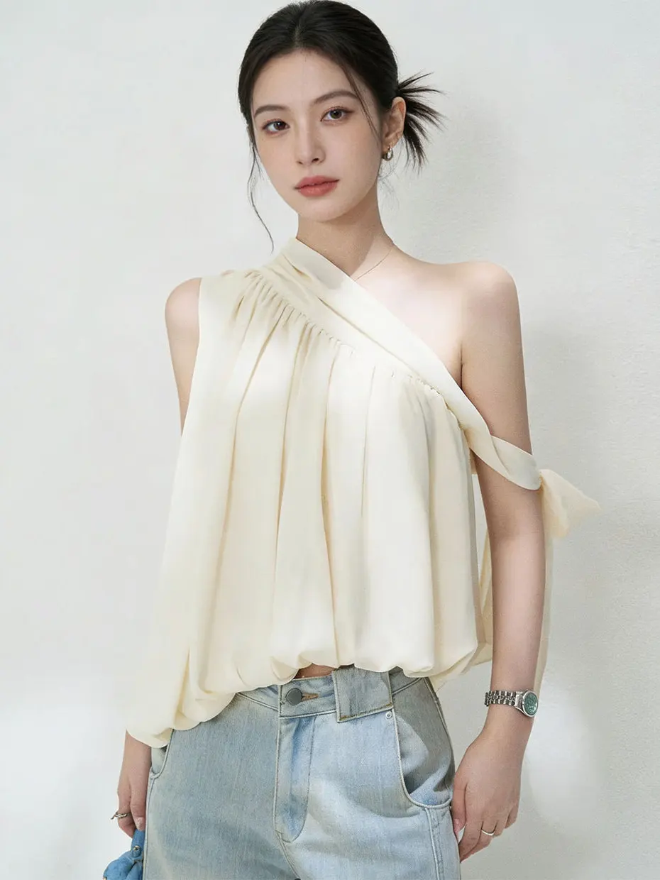 

Elegant Asymmetrical Shoulder Loose Fit Sleeveless Chiffon Shirt Women's Summer Slimming Design Top French Style Polyester Fiber