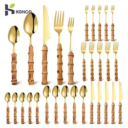 Bamboo Cutlery Sets Stainless Steel Dinnerware Sets Gold Wooden Tableware Western Food Knife Fork Teaspoon Cutleries