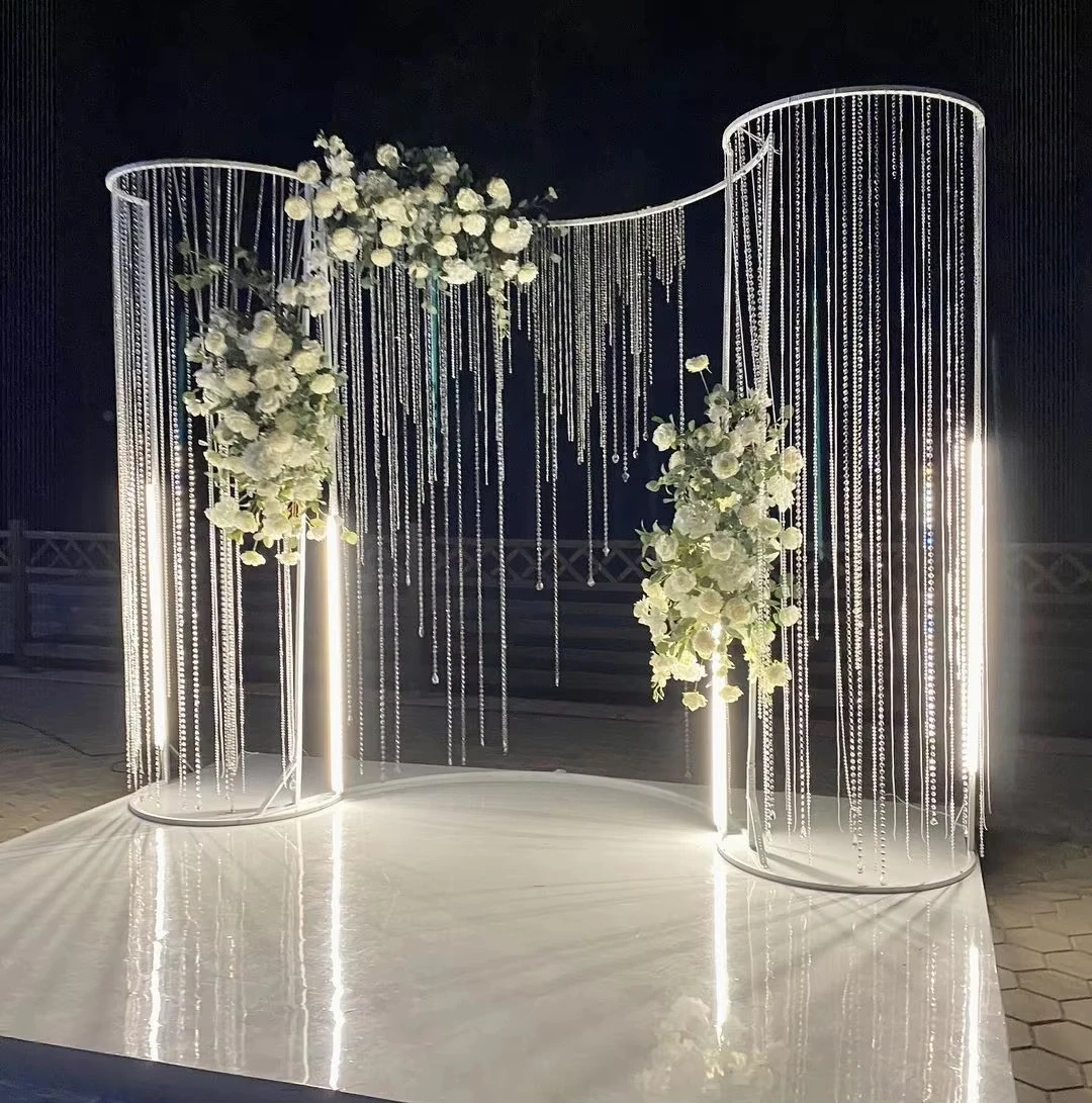 S Shape White Wedding Arch Crystal Beads Curtain Hanging Led Light Wedding Arch Frame Metal With Flowers