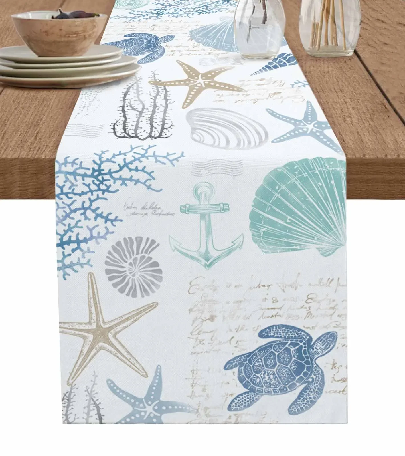 Marine Coral Shells Starfish Sea Turtles Jellyfish Blue Linen Table Runners Kitchen Dining Table Decoration Party Supplies