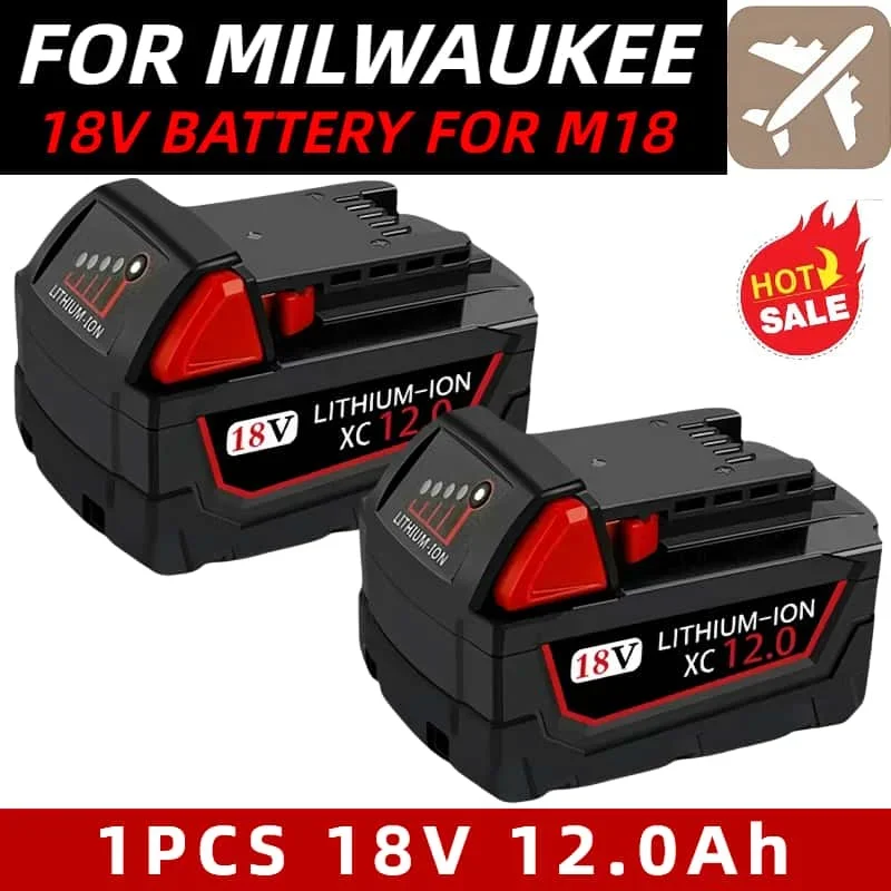 

For Milwaukee for M18 Power Tool Battery, Charger, BR, XC, 18V, 6000mAh M18B5, 48-11-1860, Built-in 18650 18V 12.0Ah Batteries