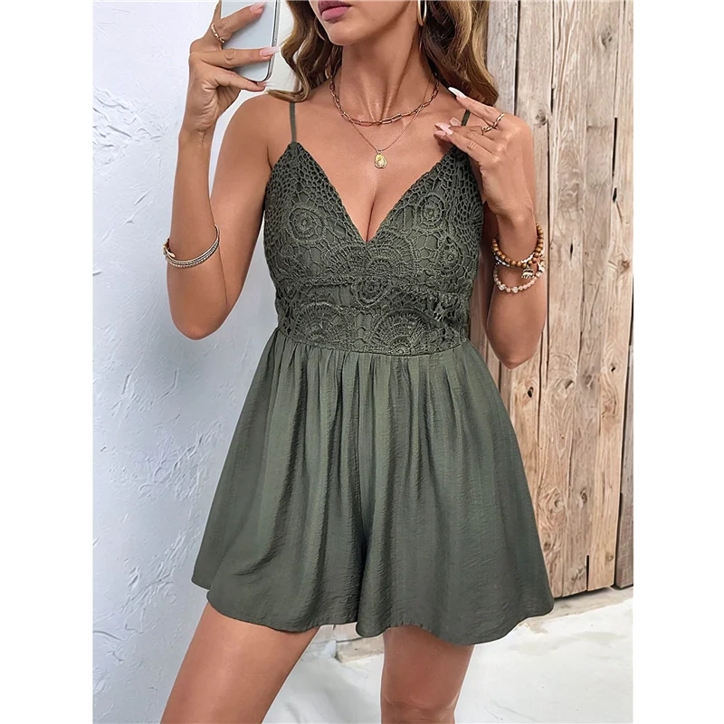 【SEE】 Mono con pantalones cortos de encaje floral calado sin espalda con cuello en V, mameluco de encaje de pierna ancha y cintura alta en general