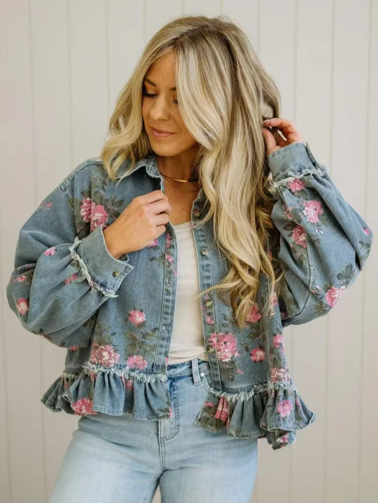 Vintage Washed Long Sleeve Denim Jacket Women Floral Print Loose Long Sleeve Shirt Lapel Single Breasted Casual Top For Women