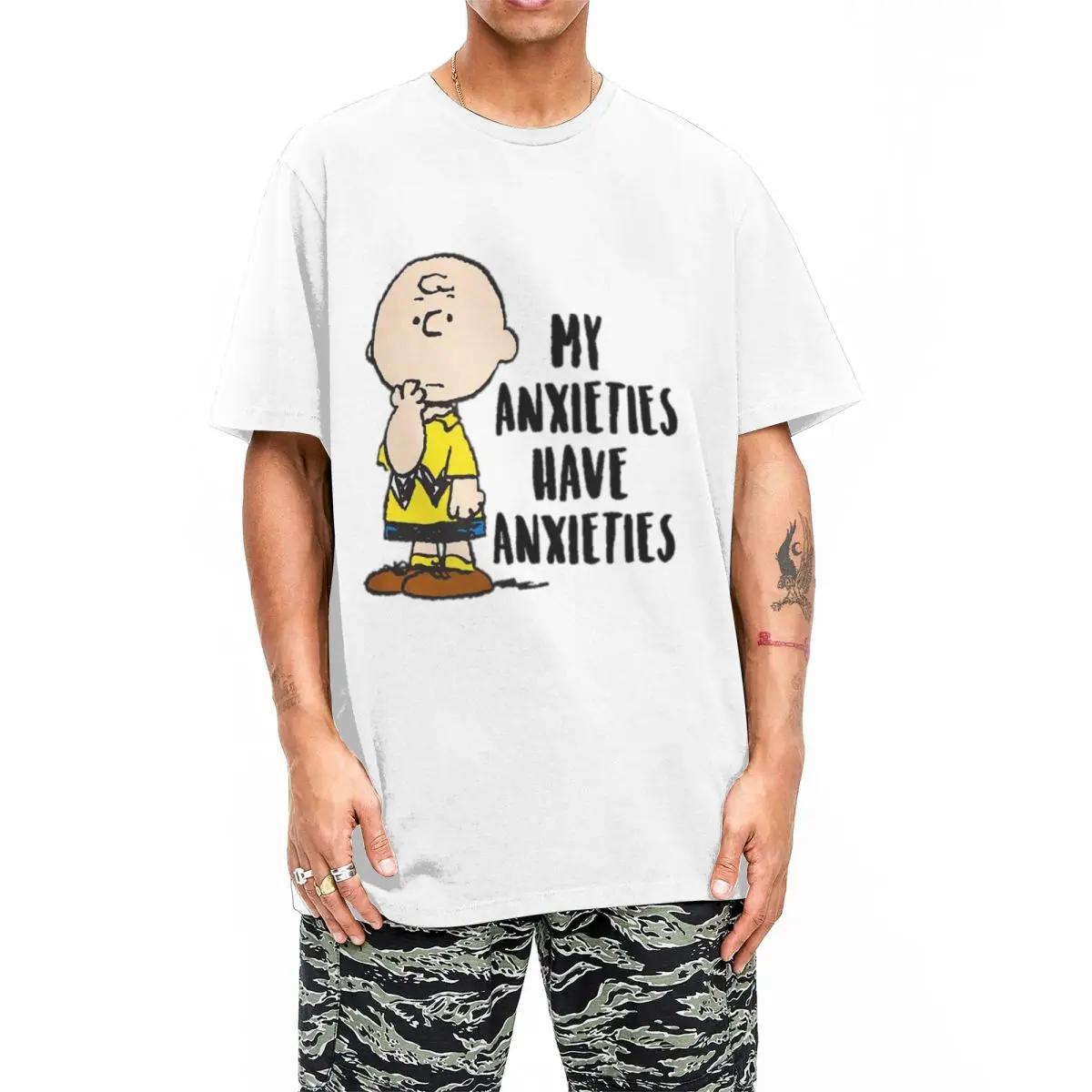 Peanuts Charlie Brown My Anxieties Have Anxieties Snoopy T Shirt Men Cotton T-Shirt Crew Neck Tee Shirt Short Sleeve Clothes