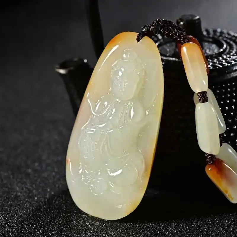 Hetian Seed Material Pendant Stone Raw Skin Sheep Fat White Jade Guanyin Bodhisattva Maitreya Buddha Pen